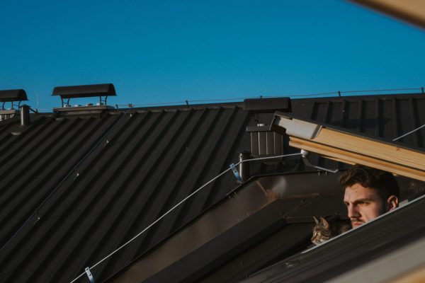 A young Caucasian male from Bosnia and Herzegovina with his cat on a roof